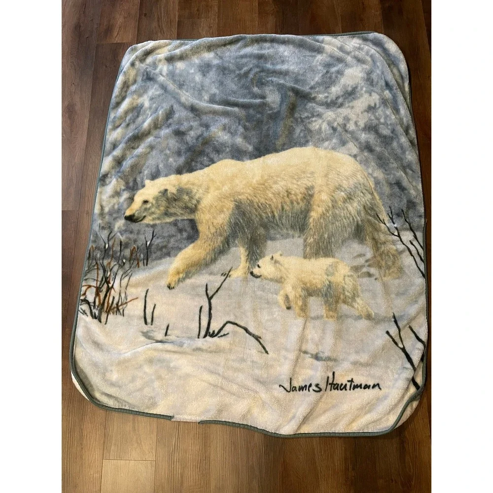 James Hautman Polar Bear Wildlife Fleece Throw Blanket‎ 60x50 Blue White Winter